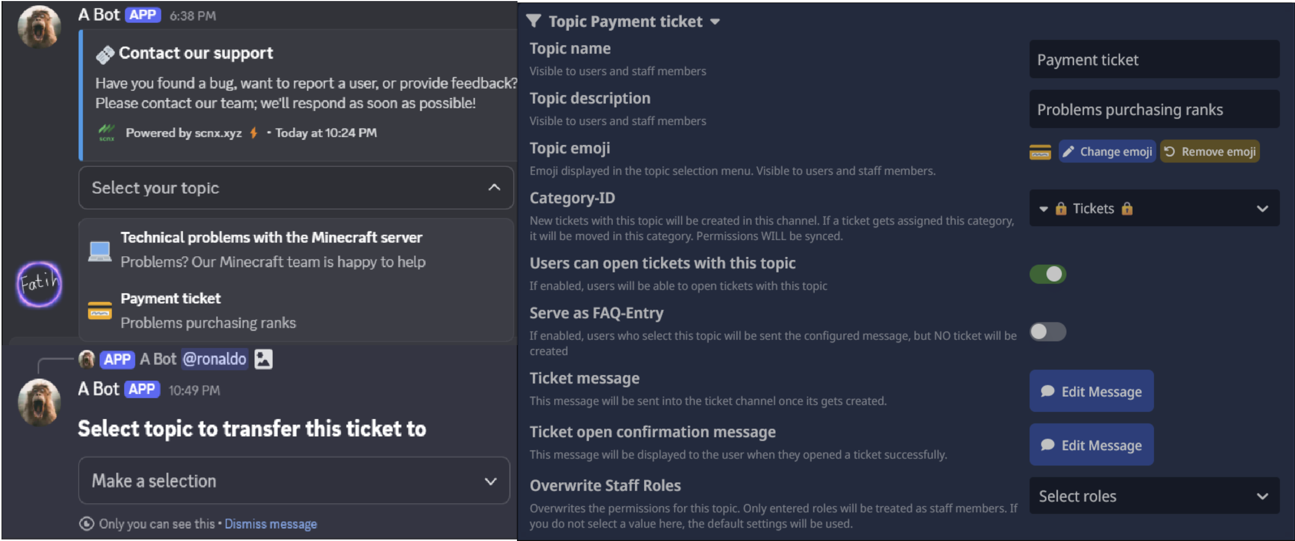 Screenshot showing a ticket selection embed, showing how to move a ticket and the ticket topics configuration