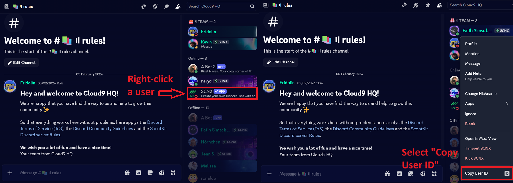 Screenshot, der zeigt, wie man einen Nutzer rechtsklickt und Nutzer-ID kopieren auswählt
