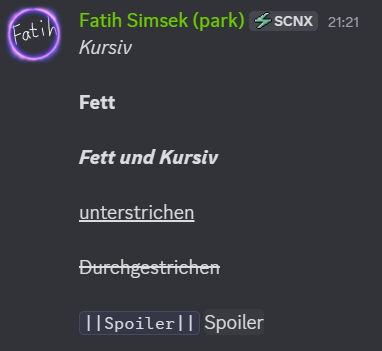 Ein Screenshot, der Spoiler, kleinen Text und alle Stile oben zeigt